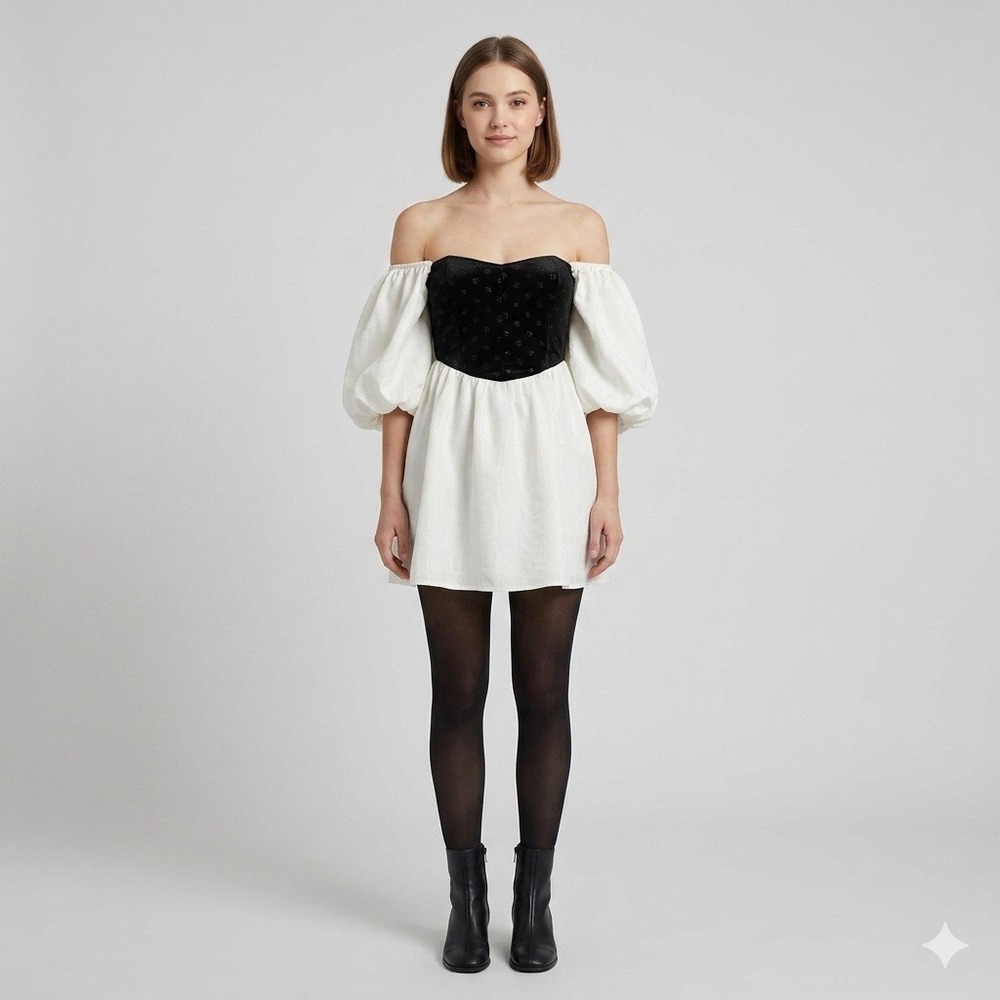 NEW For Love & Lemons Black White Velvet Polka Dot Puff Sleeve Mini Dress XS - Picture 1 of 6